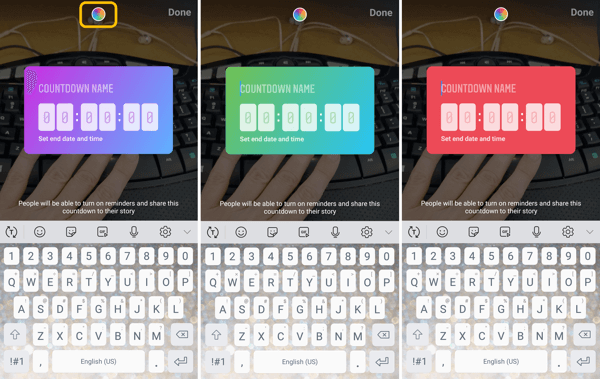 Ako používať nálepku Instagram Countdown pre podnikanie, 5. krok, možnosti farebnej nálepky odpočítavania.