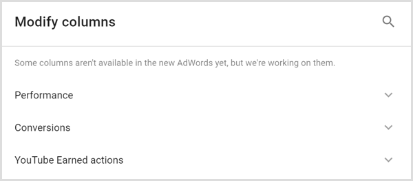 Obrazovka s úpravami stĺpcov v službe Google AdWords