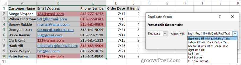 Vyberte možnosť Formátovanie pre duplikáty v programe Excel
