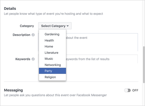 Vyberte kategóriu, ktorá najlepšie vystihuje vašu virtuálnu udalosť na Facebooku.
