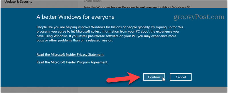 Potvrďte registráciu programu Windows Insider