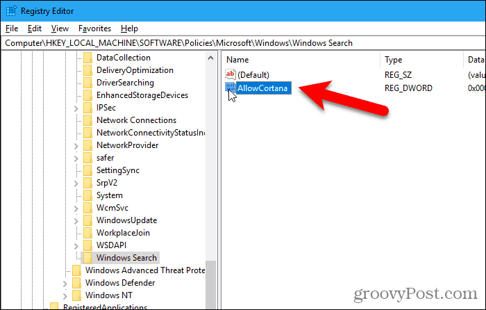 Dvakrát kliknite na hodnotu AllowCortana v editore databázy Registry