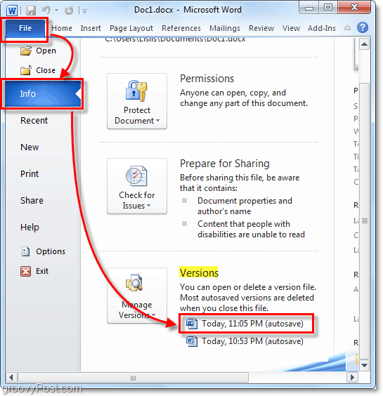 automaticky uložená verzia sa vráti do programu Outlook 2010