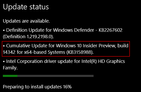 Aktualizácia systému Windows 10 KB3158988 pre zostavenie ukážky 14342 pre počítače