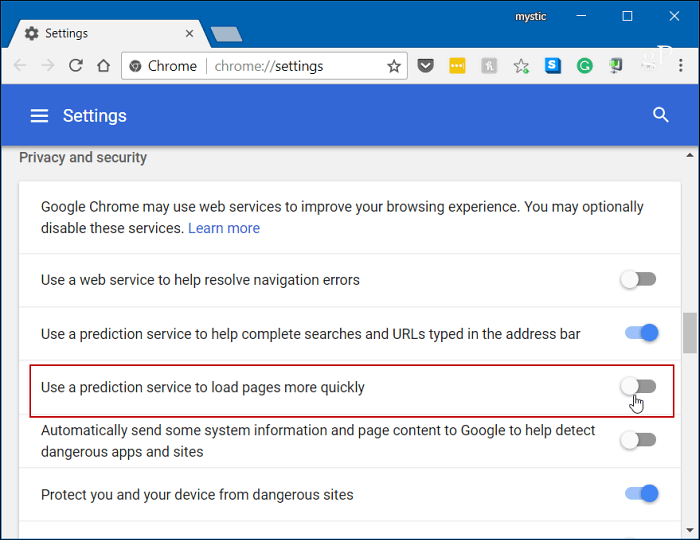 Vypnite predpovedanie prehliadača Chrome