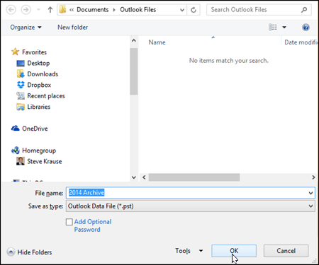 Outlook 2016 - Vyberte názov a umiestnenie súboru PST