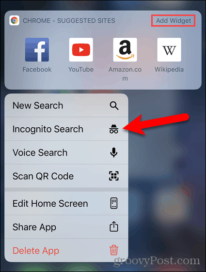 Dlho stlačte ikonu prehliadača Chrome a vyberte položku inkognito search