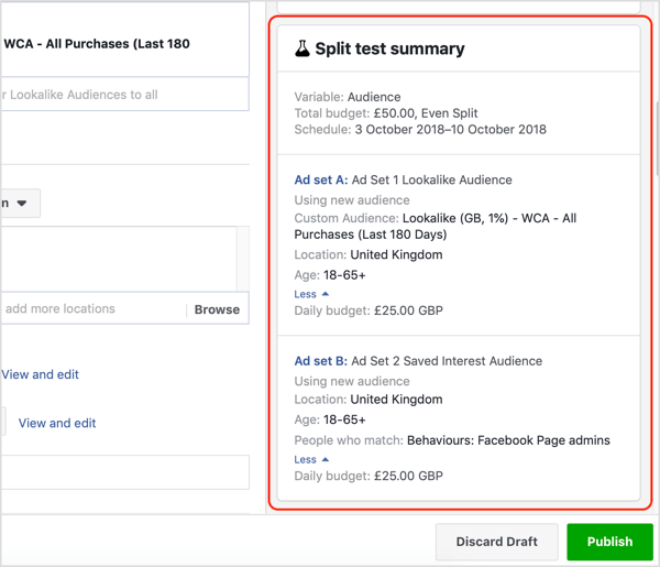 Rozdelenie súhrnu testu pre váš test na Facebooku.