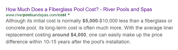 Článok River Pools o nákladoch na bazén zo sklenených vlákien sa zobrazuje ako prvý pri hľadaní tejto témy.