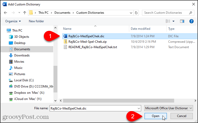 Vyberte vlastný slovník, ktorý chcete pridať do programu Word
