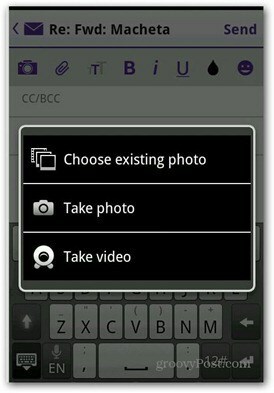 Yahoo Mail Android pridať fotografické video