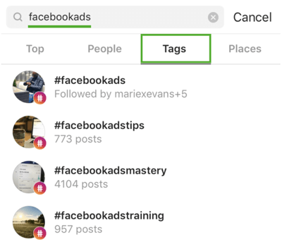 Ako strategicky rozšíriť svoj Instagram podľa kroku 9, vyhľadania relevantných hashtagov, napríklad hľadanie „facebookads“