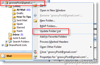 Aktualizujte zoznam zložiek iMAP GMAIL v navigačnom paneli nástrojov programu Outlook 2007
