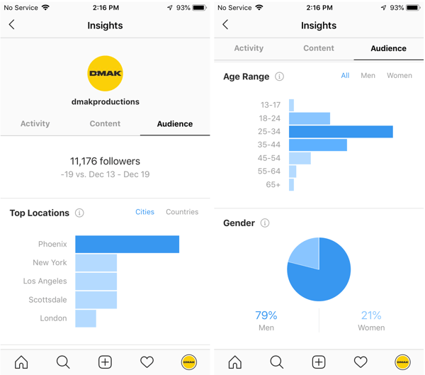 Príklady štatistík služby Instagram pre účet DMAK Productions na karte Publikum.