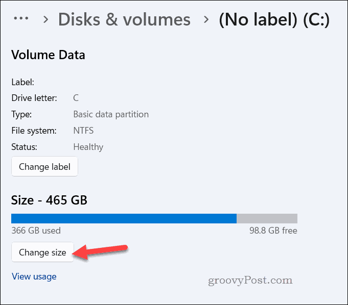 Tlačidlo na zmenu veľkosti disku v nastaveniach systému Windows 11