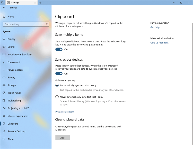 Schránka cloudu Windows 10 RS5