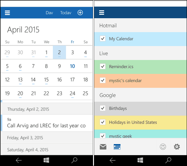 Windows 10 pre telefóny Kalendár