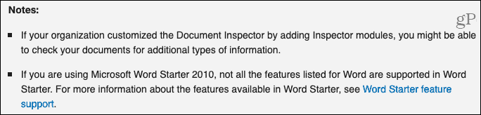 Poznámky inšpektora dokumentov od podpory spoločnosti Microsoft