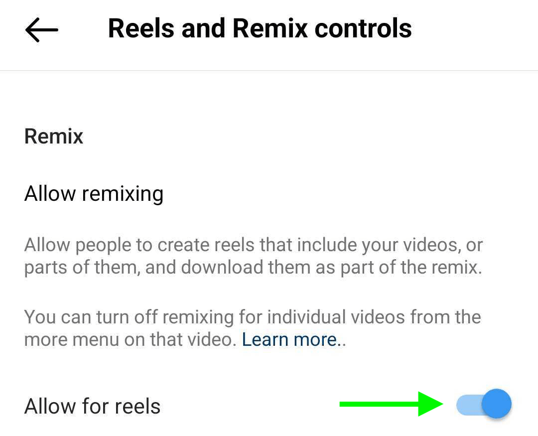 obrázok ovládacích prvkov Reels a Remix v nastaveniach firemného profilu na Instagrame