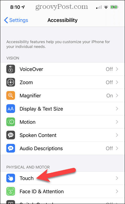 Klepnite na Touch v iPhone Accessibility