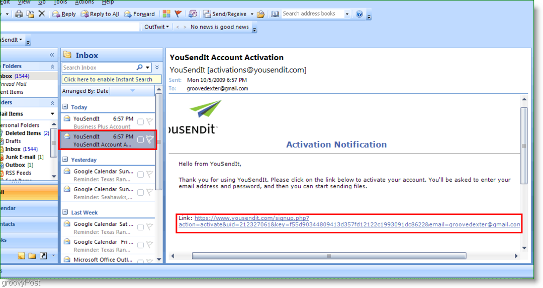 Aktivačný odkaz YouSendIt v programe Outlook