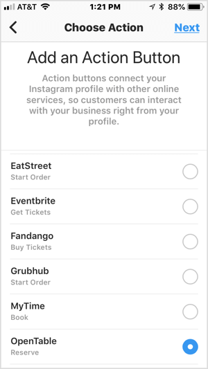 Vyberte tlačidlo akcie a pridajte ho do svojho obchodného profilu na Instagrame.