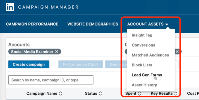 snímka obrazovky s formulármi Lead Gen Forms vybranými v aplikácii LinkedIn Campaign Manager