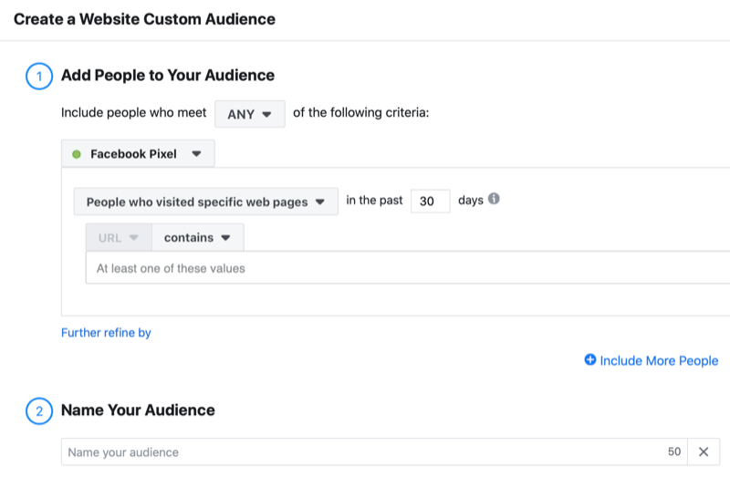 example facebook create a custom audience website including the options to add any people who visit konkrétne webové stránky za posledných 30 dní pomocou pixelu facebook spolu s možnosťou pomenovať svoje publikum