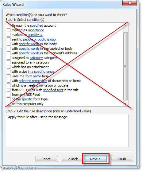 nevyberajte žiadne podmienky pre odosielanie e-mailov programu Outlook 2010
