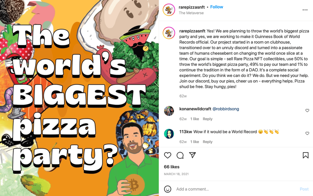 rarepizzasnft instagramový príspevok
