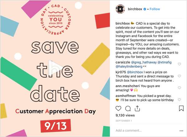 Účet Birchbox na Instagrame zaobchádzal so stúpencami obchodov, darčekov a prekvapení pri príležitosti Dňa ocenenia zákazníkov.
