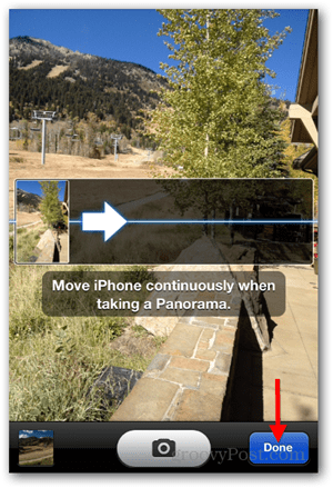 Nasnímajte panoramatickú fotografiu pre iPhone iOS - Klepnite na Hotovo