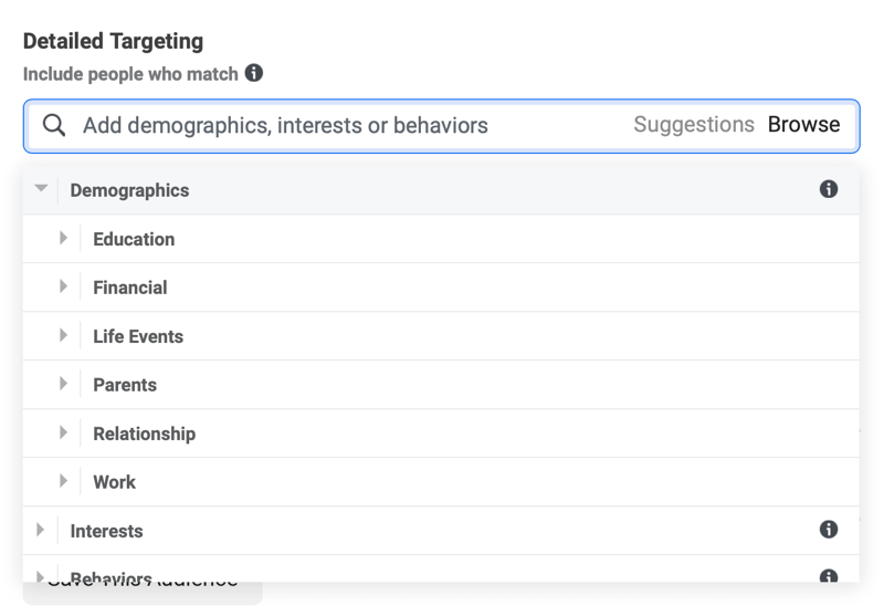 facebookové reklamy s podrobným zacielením na demografické kategórie, ponuka vrátane vzdelávacích, finančných, životných udalostí atď.