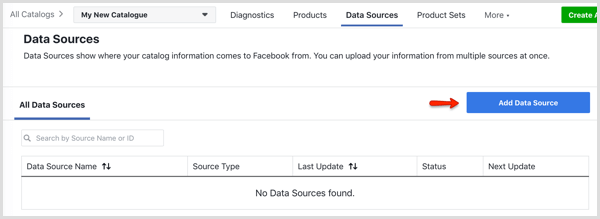 Tlačidlo Pridať zdroj údajov na karte Zdroje údajov v Správcovi katalógu Facebooku