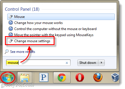 Windows Štart menu nastavenia myši