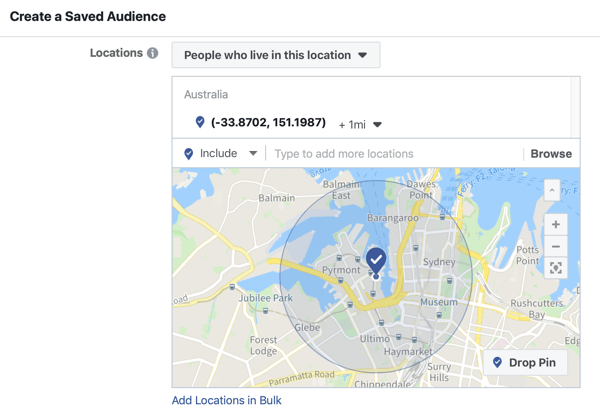 Ako propagovať svoje živé vysielanie na Facebooku, krok 5, možnosť vytvoriť uložené publikum na základe umiestnenia udalosti