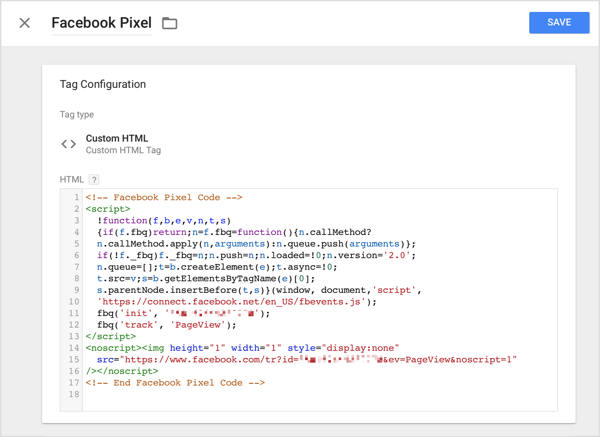 V Správcovi značiek Google kliknite na možnosť Vlastné HTML a do poľa HTML vložte kód sledovania, ktorý ste skopírovali z Facebooku.