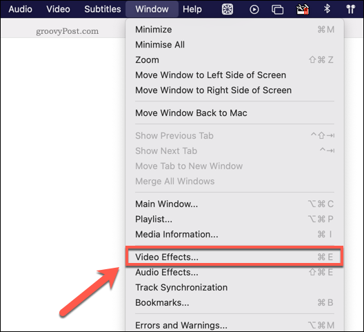 Prístup do ponuky video efektov VLC v systéme Mac