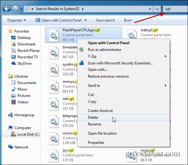 Odstráňte nepoužité položky tretích strán z ovládacieho panela systému Windows 7