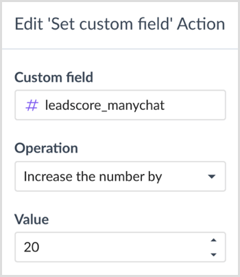 Vyberte operáciu a hodnotu v dialógovom okne Akcia „Upraviť vlastné pole“ v aplikácii ManyChat.