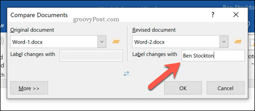 Nastavenie štítku pre revidované zmeny v nástroji na porovnávanie dokumentov Word