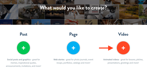 Ak chcete vytvoriť nový videoprojekt v aplikácii Adobe Spark, kliknite na Video.