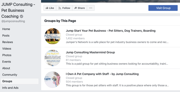 Ako používať funkcie skupín na Facebooku, príklad skupín na stránke na Facebooku, JUMP Consulting