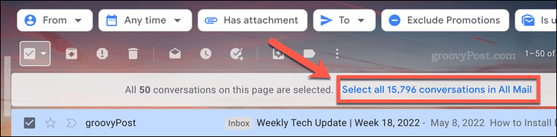 Výber všetkých e-mailov v priečinku v Gmaile