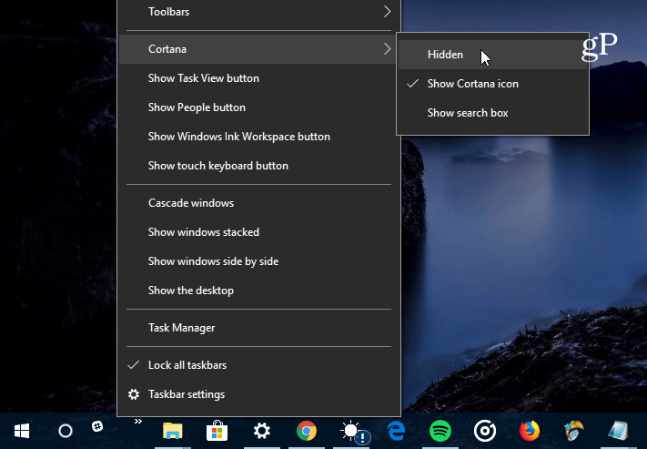 skryť vyhľadávacie pole Cortana
