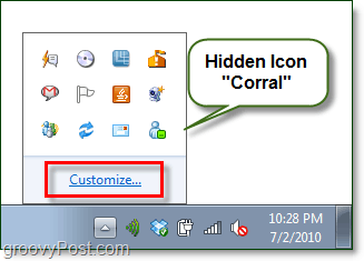 skrytá ikona ohrady v systéme Windows 7