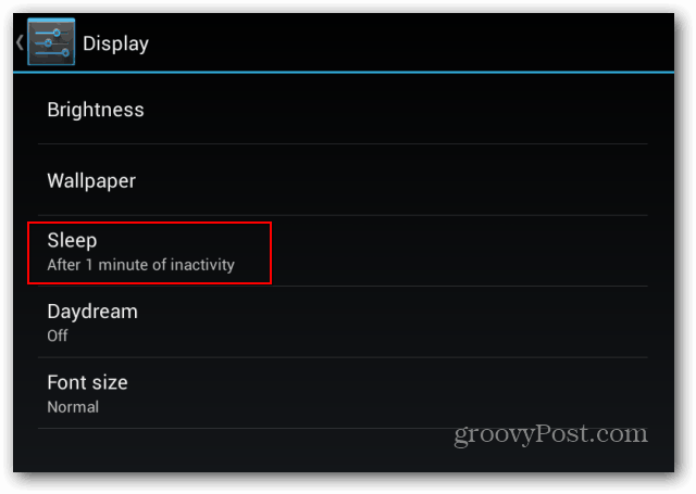 Nastavenia uzamknutej obrazovky aplikácie Goggle Nexus 7 zobrazujú neaktivitu spánku