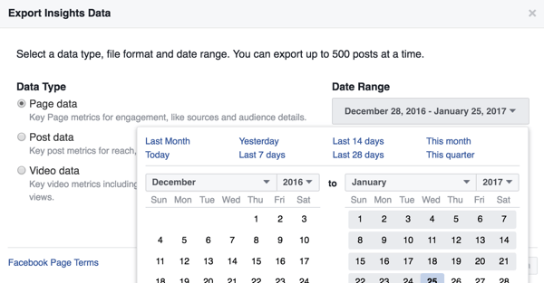 Môžete zmeniť rozsah dátumov pre sťahované údaje služby Facebook Insights.