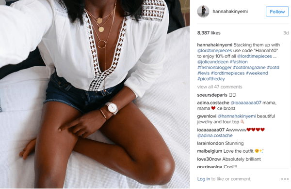 Modelka Hannah Akinyemi obsahuje hodinky od Lord Timepieces spolu so zľavovým kódom na Instagrame.