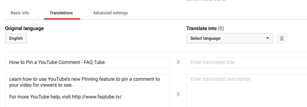 Na karte Preklady pre svoje video na YouTube zadajte preložený názov a popis.